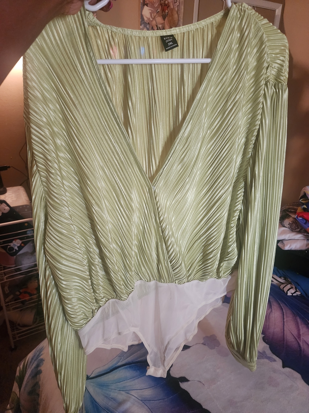 Green Pleated Wrap-Front Bodysuit Top - Unknown Brand